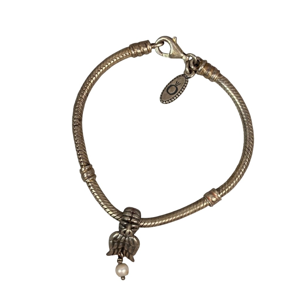 Vintage Pandora Sterling Silver Angel Wing Dangle‎ Charm Snake Chain Bracelet